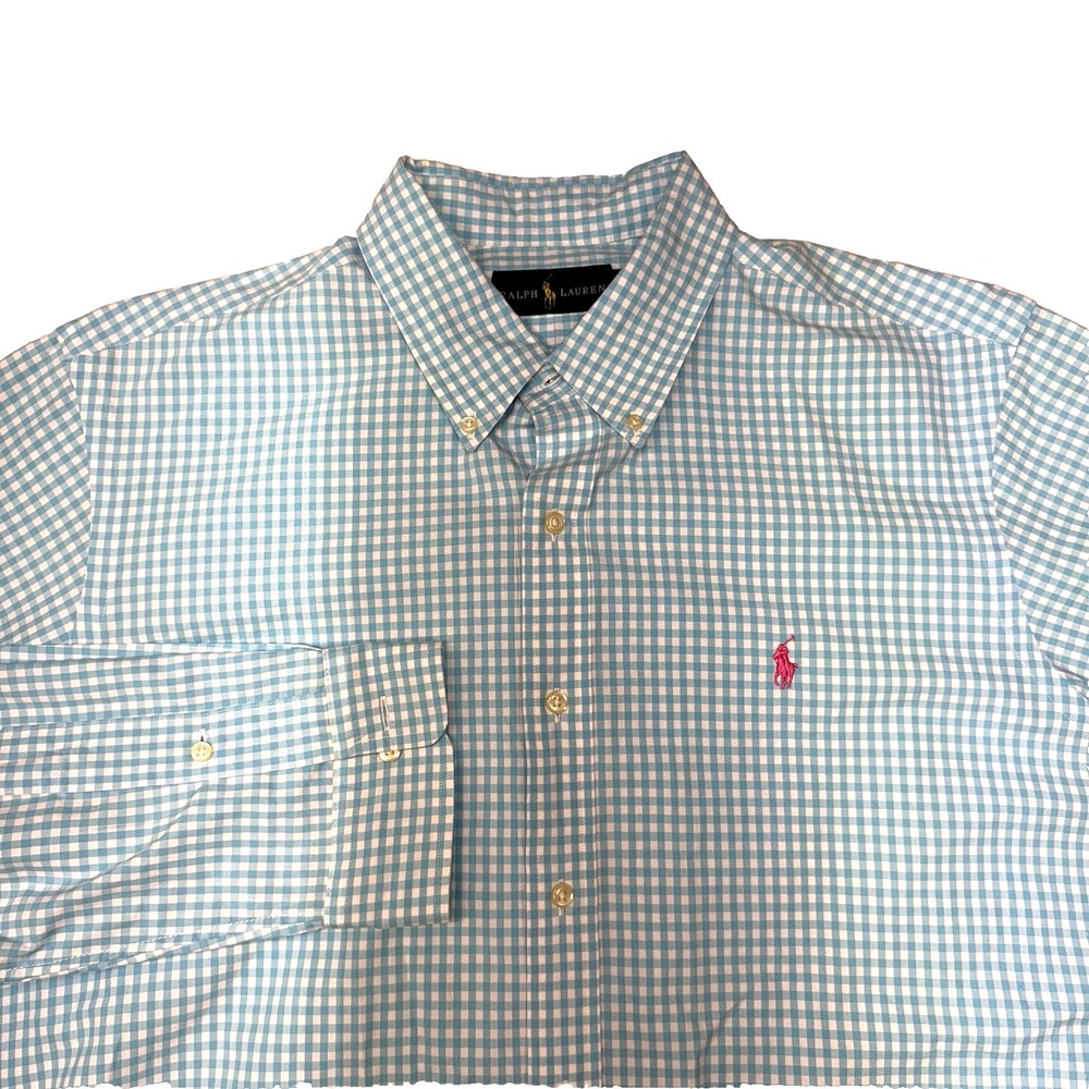 Ralph Lauren Shirt Blue White Check Button Down Cotton Men's Size XL